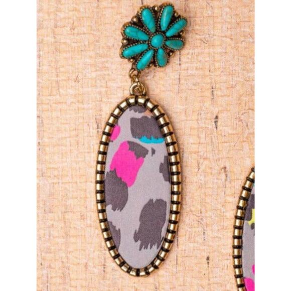 Vinyl Records Turquoise Flower Grey Multicolor Leopard Oval Dangle Earrings - Picture 2 of 2